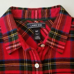Womens Lands End Flannel Shirt Blouse Top Red Plaid Size 16P, Christmas plaid.